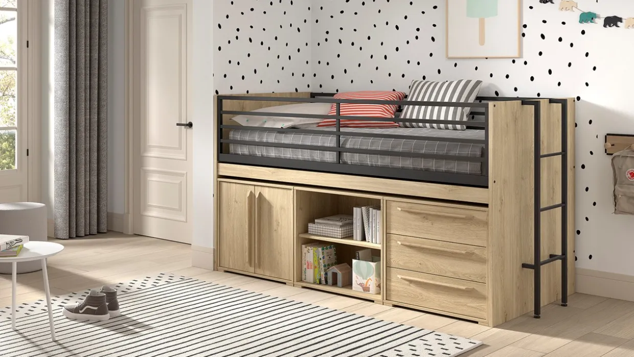 Halfhoogslaper Sam met boekenkast, commode 2 deuren en commode 3 laden